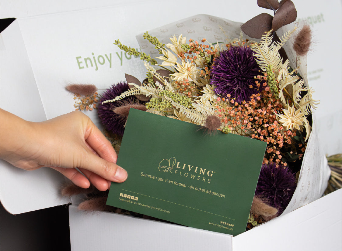 In einer hochwertigen weißen Box liegt ein Blumenstrauß, eine Hand legt eine dunkelgrüne Karte zu dem Blumenstrauß in die Box
