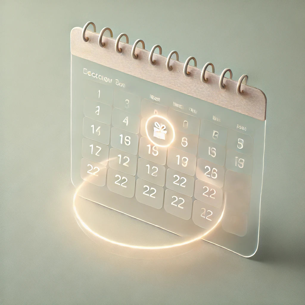 Abstraktes Bild eines durchsichtigen Kalenders, auf dem ein Tag mit einem Geschenksymbol markiert ist