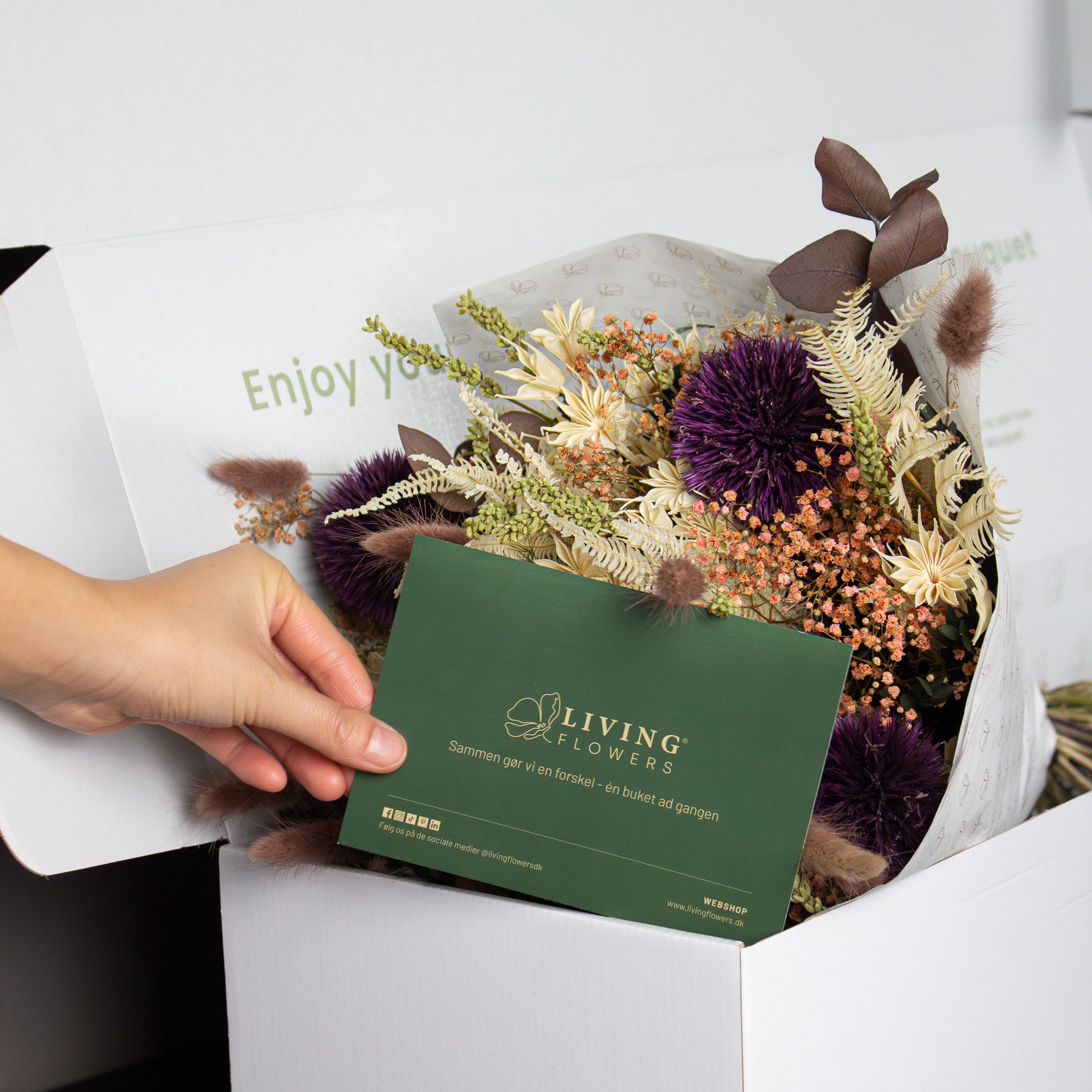 In einer hochwertigen weißen Box liegt ein Blumenstrauß, eine Hand legt eine dunkelgrüne Karte zu dem Blumenstrauß in die Box