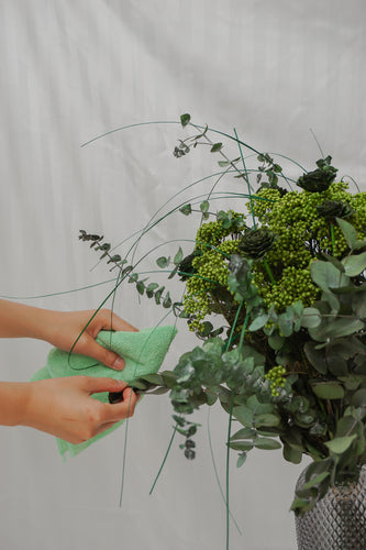 Ein langlebiger Blumenstrauß in satten Grüntönen wird vorsichtig mit einem Tuch abgewischt