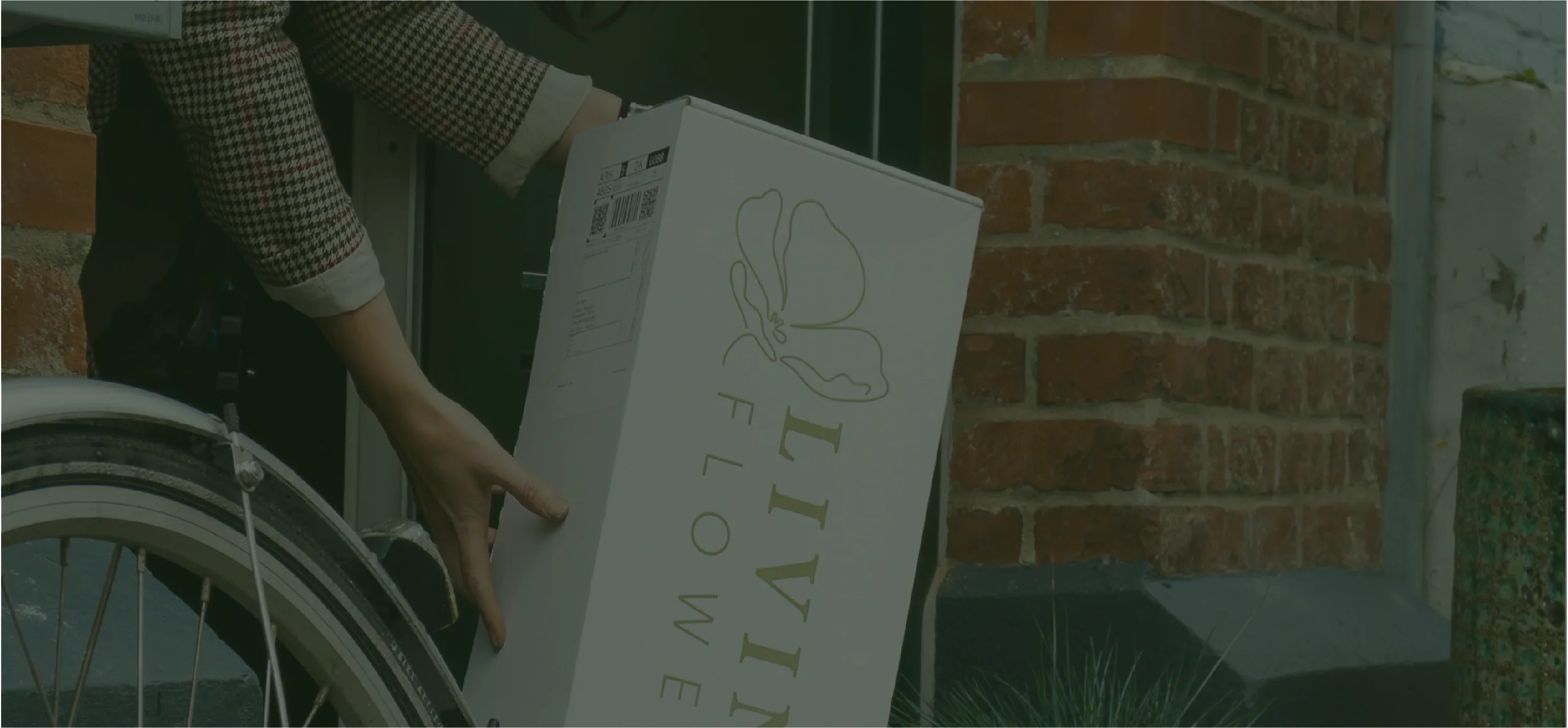 Eine Frau greift nach einem Living Flowers Paket, das auf ihrer Türschwelle steht